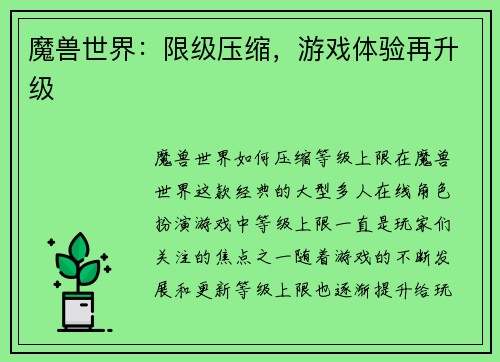 魔兽世界：限级压缩，游戏体验再升级